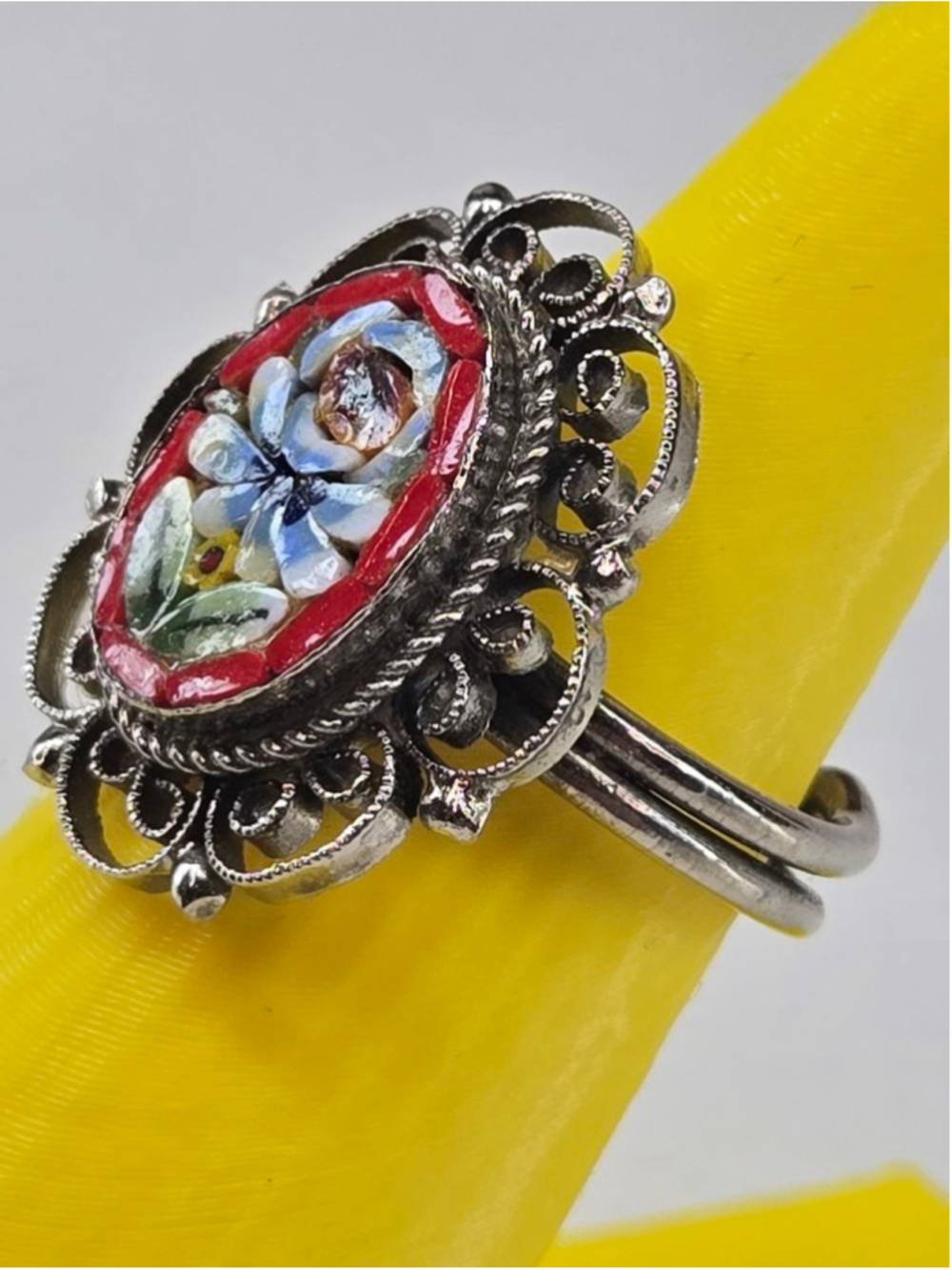 Micro Mosaic Ring Adjustable Ornate Silver Oval Frame Red Blue Floral Detailed - Picture 5 of 9